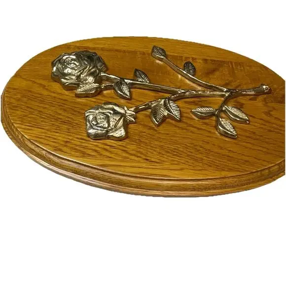 Vintage Brass Rose Floral Wall Art on Light Wood Oval Plaque Mid Century Style - Picture 3 of 7